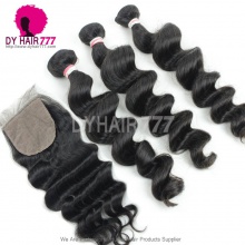 Best Match 4*4 Silk Base Closure With 3 or 4 Bundles Peruvian Loose Wave Standard Virgin Human Hair Extensions