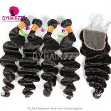 Best Match 4x4/5x5 Top Lace Closure With 4 or 3 Bundles Indian Loose Wave 13A Standard Grade Virgin Human Hair Extensions