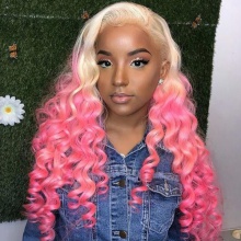 Stylist Wig As Picture 100% Virgin Human Hair Loose Curls Ombre Blonde Pink