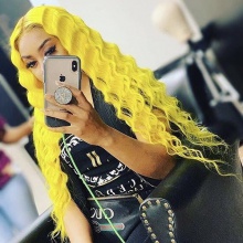 Stylist Wig As Picture 100% Virgin Human Hair Water Curls Sulfur Yellow