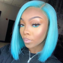 Stylist Wig As Picture 7Days to Ready 100% Virgin Human Hair Straight Bob Wig Light Sky Blue 130% Density