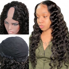 130% Density #1B Virgin Human Hair U Part Wigs Deep Wave Hair Lace Front Wig 