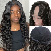 130% Density #1B Virgin Human Hair U Part Wigs Loose Wave Lace Front Wig 