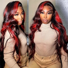 Color 1B# with Color Red Highlights Lace Frontal Wigs 150% Density Virgin Human Hair