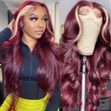 99J Burgundy Highlight 613 Blonde 13x4 Lace Frontal Wig 180% Density Body Wave Human Hair Wigs For Women