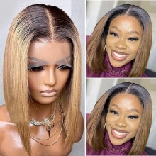 150% Density Bob Lace Front Wig Ombre Color 1B/27 Straight Virgin Human Lace Wig