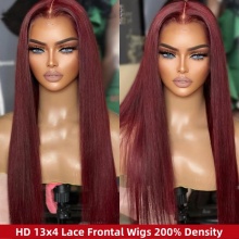 Dark Red HD 13x4 Lace Frontal Wigs 200% Density PrePlucked Human Hair Wigs 7 Business Days Customize Complete