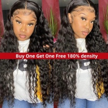 Bogo Buy One Get One Free Color 1B# 13*4 Lace Frontal Wigs Deep Wave 180% Density Top Quality Virgin Human Hair with elastic band